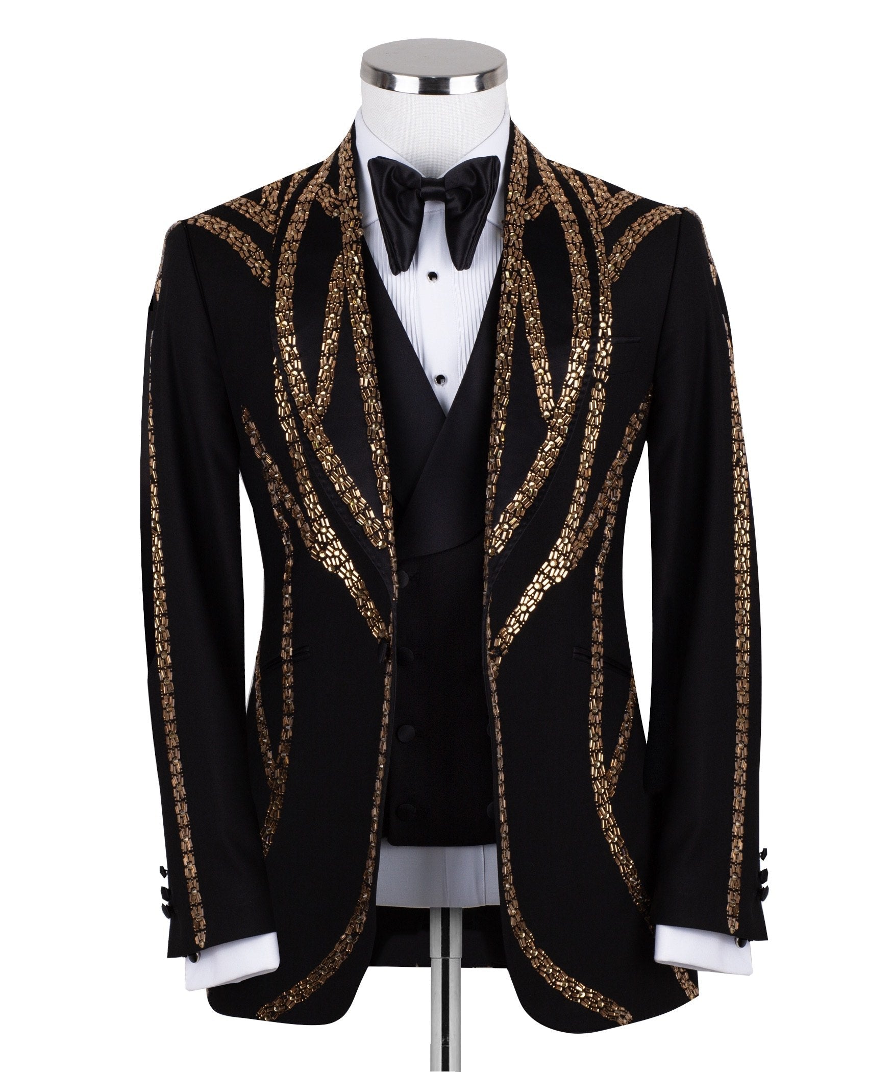 Charly Luxury Black Tuxedo Jacket with Gold Bead Embellishments, Shawl Lapel and matching vest. Handcrafted in Istanbul. Front, back, and side views showing intricate detail.