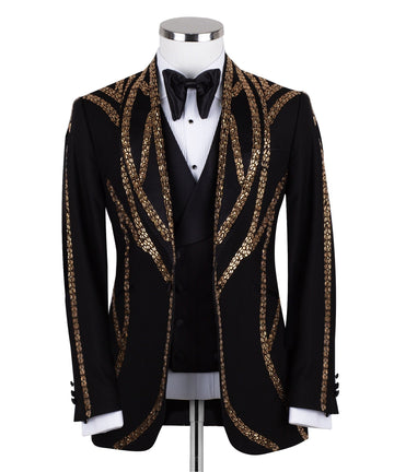 Charly Luxury Black Tuxedo Jacket with Gold Bead Embellishments, Shawl Lapel and matching vest. Handcrafted in Istanbul. Front, back, and side views showing intricate detail.