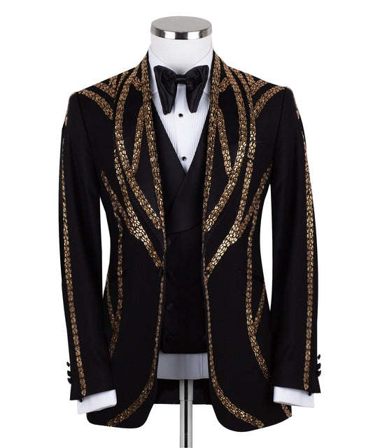 Charly Luxury Black Tuxedo Jacket with Gold Bead Embellishments, Shawl Lapel and matching vest. Handcrafted in Istanbul. Front, back, and side views showing intricate detail.
