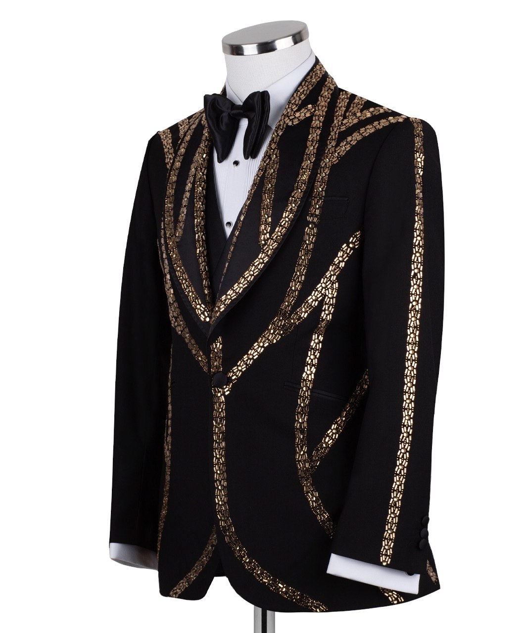 Charly Luxury Black Tuxedo Jacket with Gold Bead Embellishments, Shawl Lapel and matching vest. Handcrafted in Istanbul. Front, back, and side views showing intricate detail.