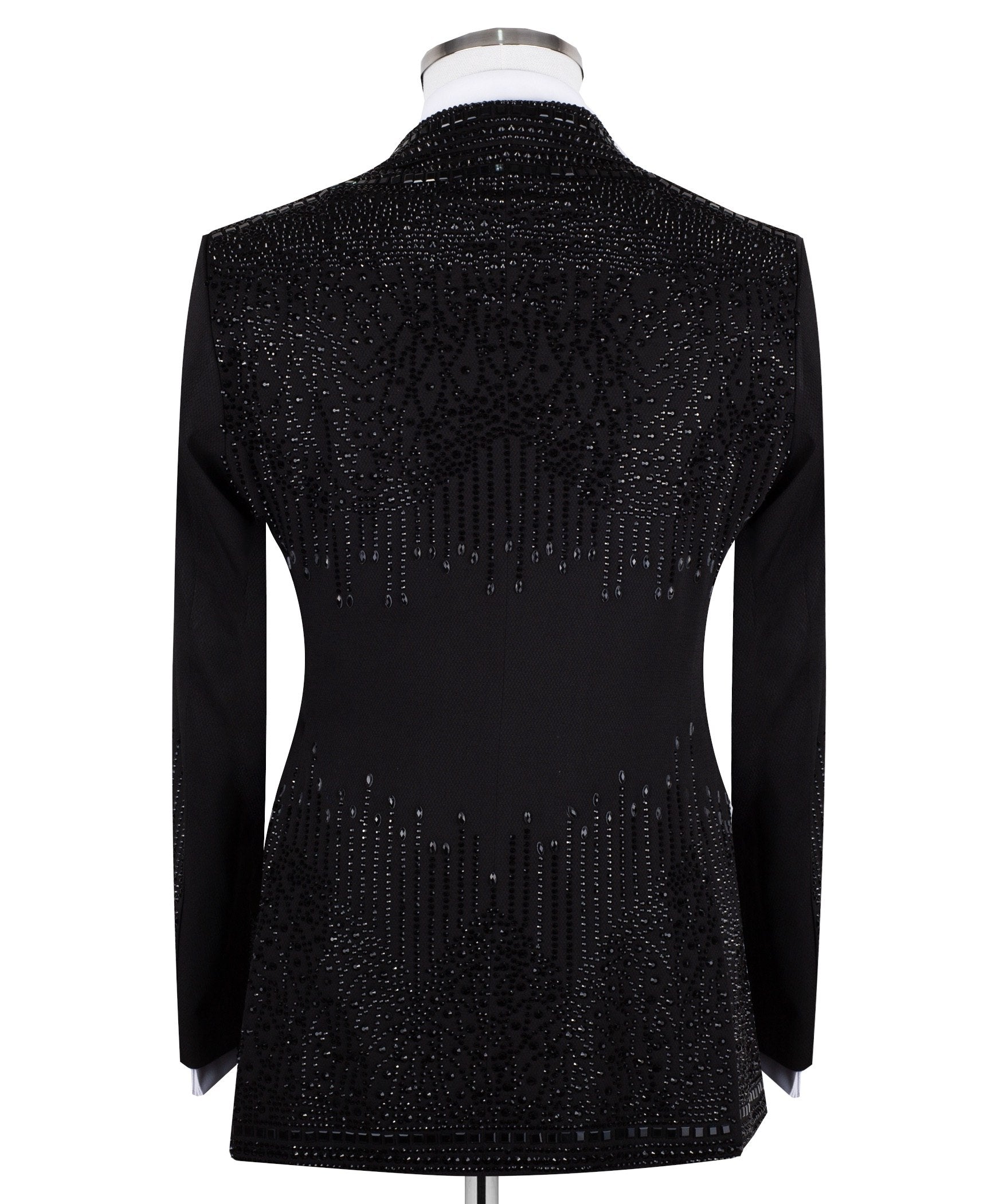 Charly Luxury black double-breasted tuxedo jacket with intricate hand-embellished crystal and bead detailing on lapels, shoulders, chest, sleeves, and back, displayed on a mannequin, front and back views, close-up of embellishments.