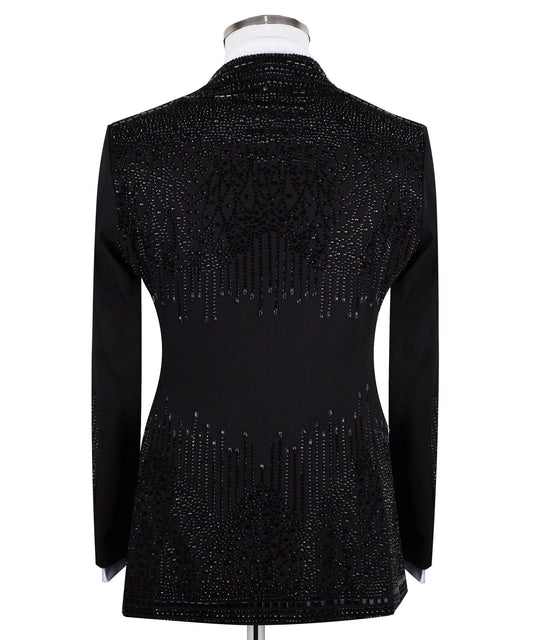 Charly Luxury black double-breasted tuxedo jacket with intricate hand-embellished crystal and bead detailing on lapels, shoulders, chest, sleeves, and back, displayed on a mannequin, front and back views, close-up of embellishments.