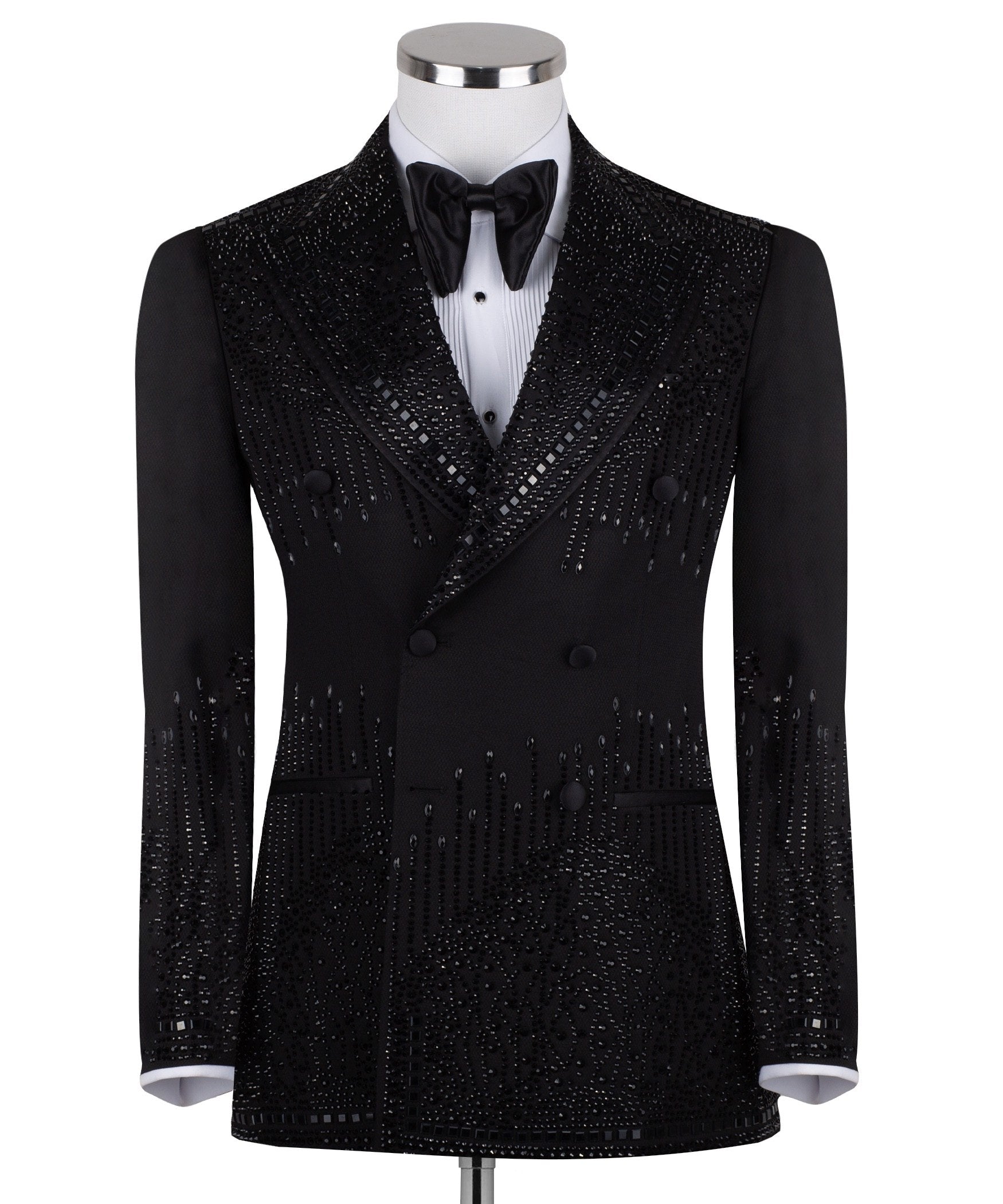 Charly Luxury black double-breasted tuxedo jacket with intricate hand-embellished crystal and bead detailing on lapels, shoulders, chest, sleeves, and back, displayed on a mannequin, front and back views, close-up of embellishments.