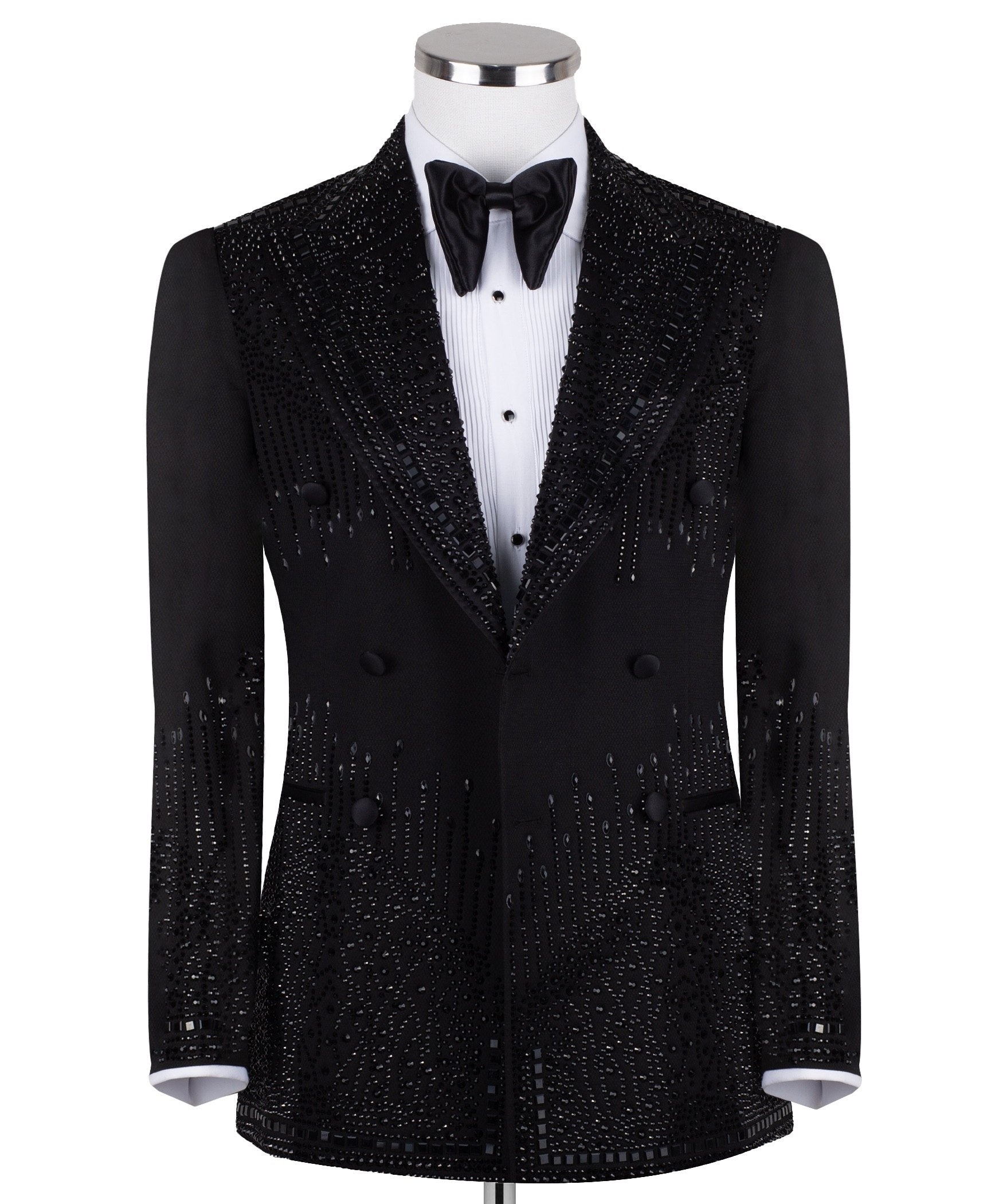Charly Luxury black double-breasted tuxedo jacket with intricate hand-embellished crystal and bead detailing on lapels, shoulders, chest, sleeves, and back, displayed on a mannequin, front and back views, close-up of embellishments.