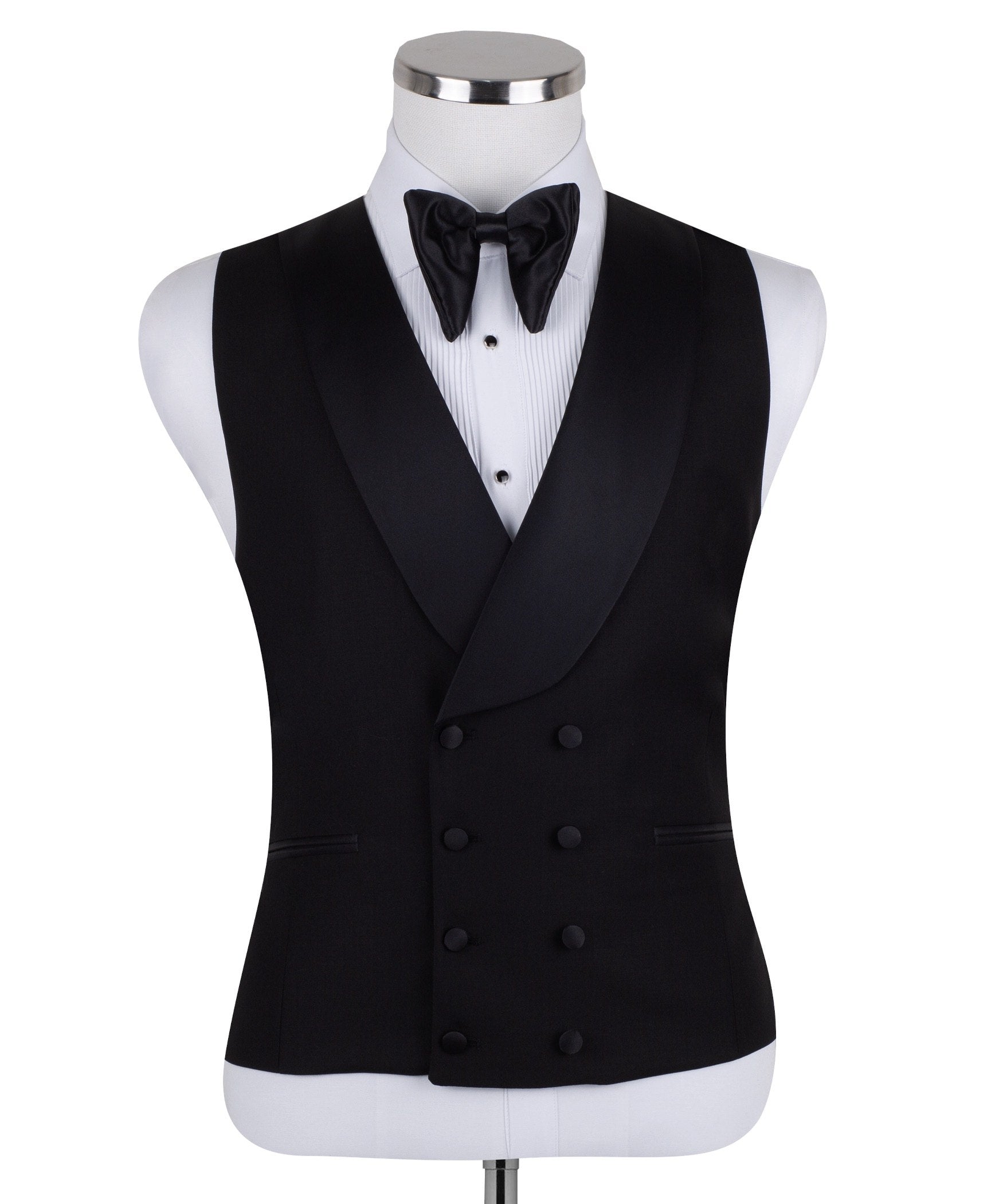 Charly Luxury Black Embellished Three-Piece Tuxedo. Handcrafted single-breasted jacket with peak lapel and shimmering crystal embellishments. Includes matching double-breasted vest and trousers.