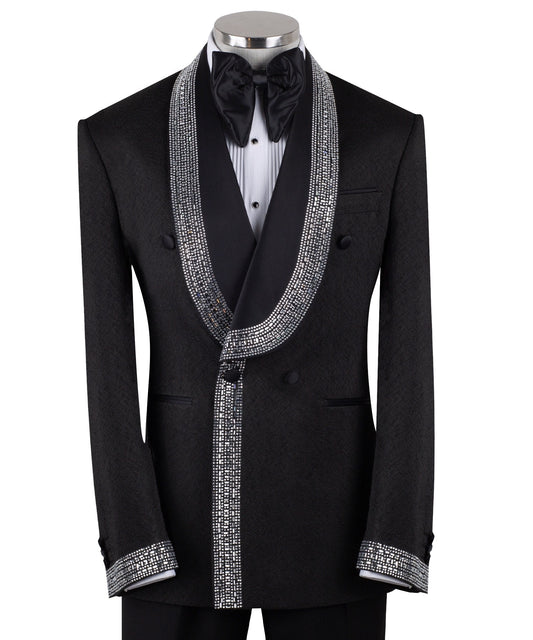 Black double-breasted tuxedo jacket with intricate silver hand-embellished shawl lapels, front detail, and cuffs, paired with black satin stripe trousers on a mannequin. From Charly Luxury, handcrafted in Istanbul.