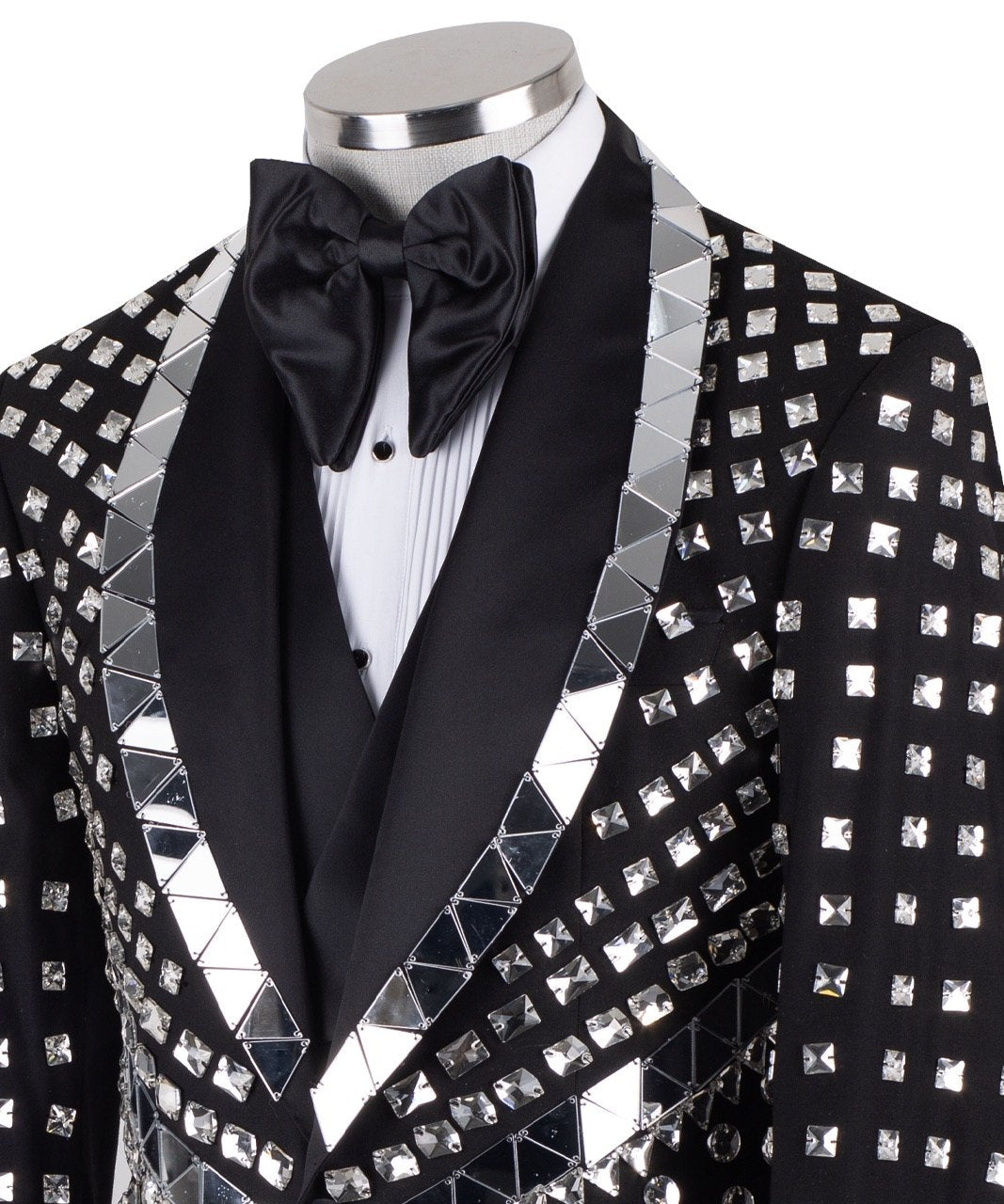 Front view of a Charly Luxury Black Mirrored Embellished 3-Piece Tuxedo with peak lapels and sparkling crystal accents, handcrafted in Istanbul.