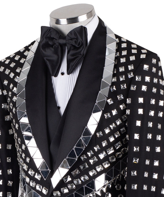 Front view of a Charly Luxury Black Mirrored Embellished 3-Piece Tuxedo with peak lapels and sparkling crystal accents, handcrafted in Istanbul.