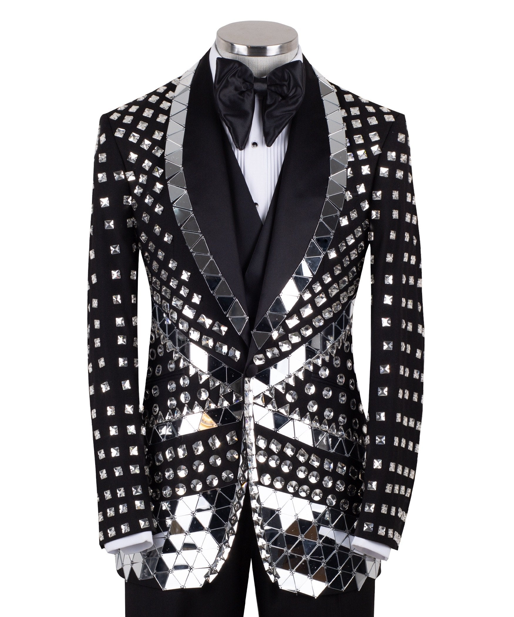 Front view of a Charly Luxury Black Mirrored Embellished 3-Piece Tuxedo with peak lapels and sparkling crystal accents, handcrafted in Istanbul.