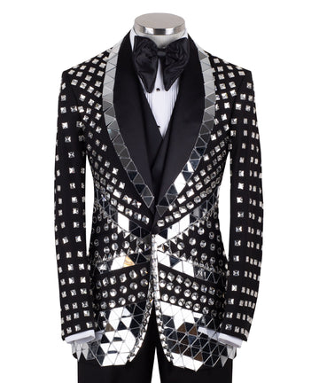 Front view of a Charly Luxury Black Mirrored Embellished 3-Piece Tuxedo with peak lapels and sparkling crystal accents, handcrafted in Istanbul.