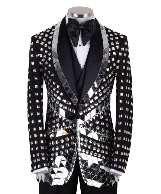 Front view of a Charly Luxury Black Mirrored Embellished 3-Piece Tuxedo with peak lapels and sparkling crystal accents, handcrafted in Istanbul.