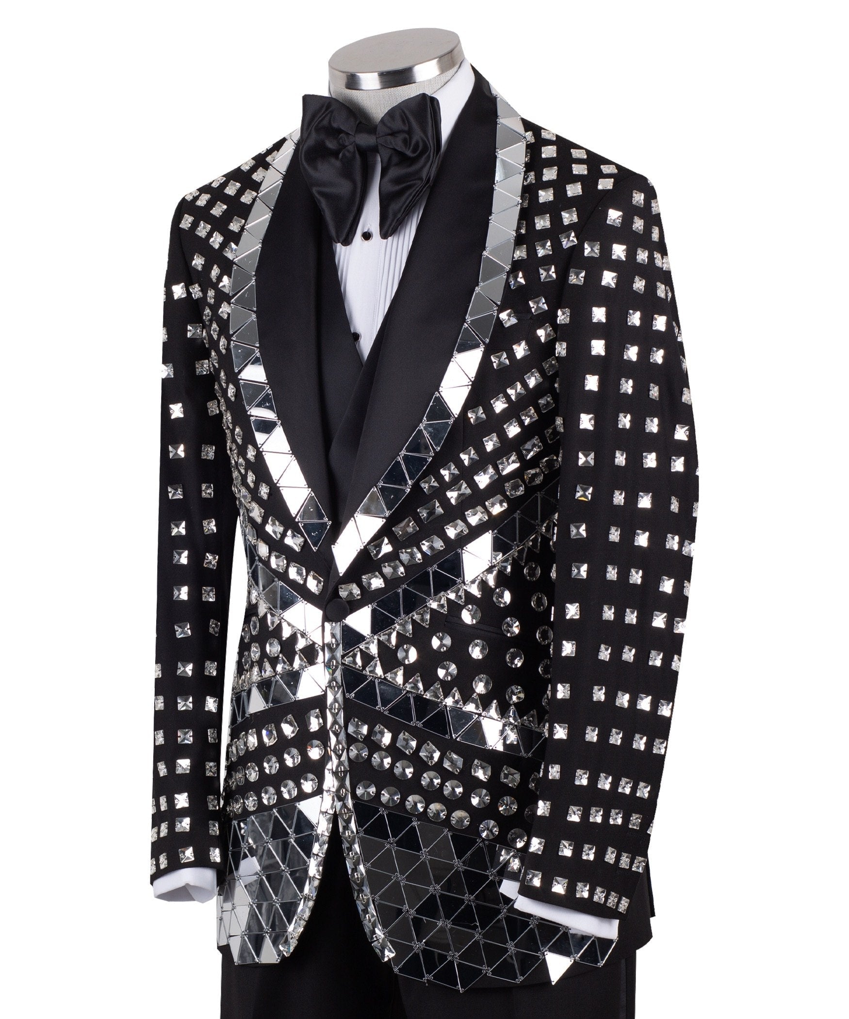 Front view of a Charly Luxury Black Mirrored Embellished 3-Piece Tuxedo with peak lapels and sparkling crystal accents, handcrafted in Istanbul.