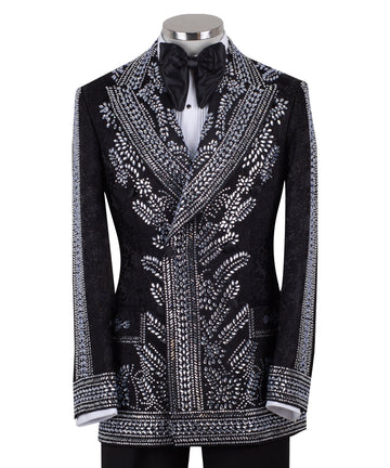 Front view of a black double-breasted tuxedo jacket with extensive silver embellishments, featuring a peak lapel and slim fit design on a mannequin. Back view and close-up showing intricate hand-beading detail.