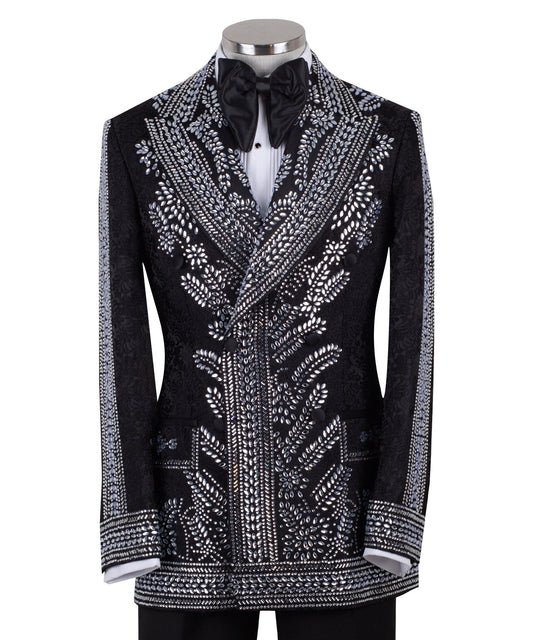 Front view of a black double-breasted tuxedo jacket with extensive silver embellishments, featuring a peak lapel and slim fit design on a mannequin. Back view and close-up showing intricate hand-beading detail.