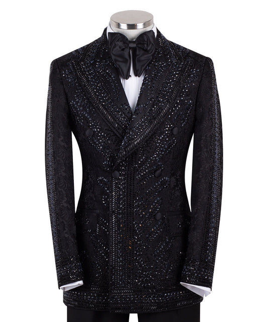 Front view of a luxurious black embellished jacquard double-breasted tuxedo jacket with intricate sequin and bead work on lapels, body, and sleeves, paired with black trousers, worn on a mannequin. From Charly Luxury, handcrafted in Istanbul.