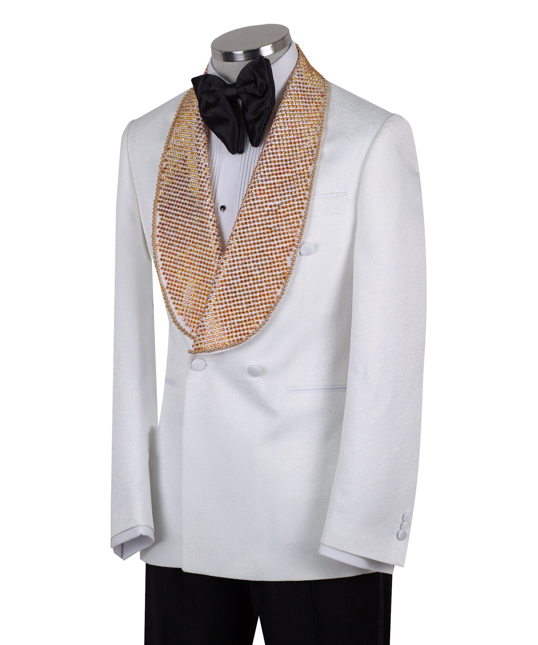 White double-breasted tuxedo jacket with golden hand-embellished shawl lapel and black tuxedo trousers, masterfully tailored in Istanbul by Charly Luxury.