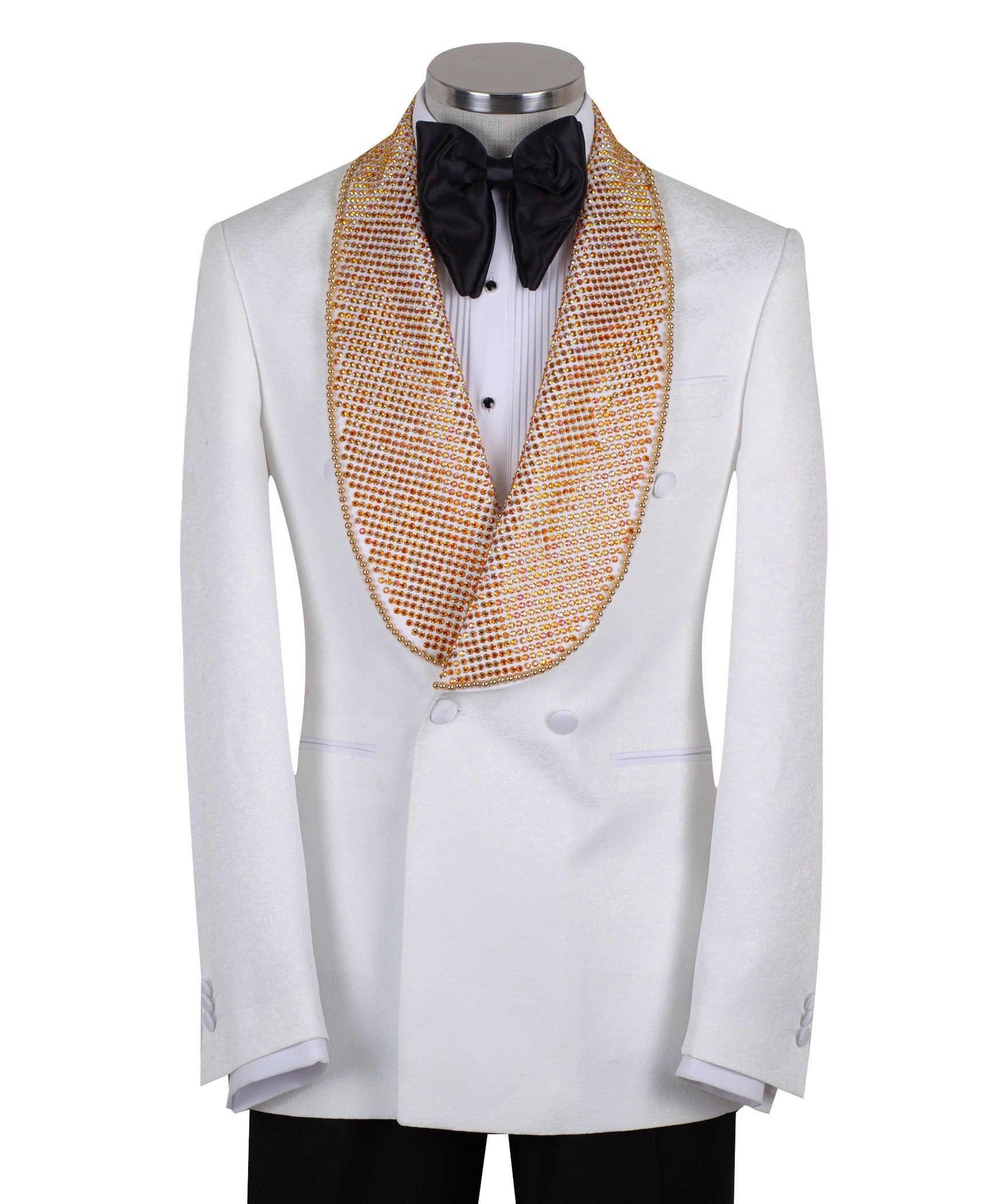 White double-breasted tuxedo jacket with golden hand-embellished shawl lapel and black tuxedo trousers, masterfully tailored in Istanbul by Charly Luxury.