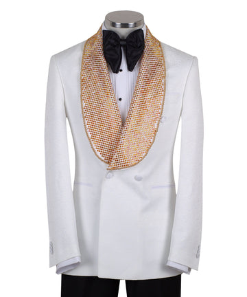 White double-breasted tuxedo jacket with golden hand-embellished shawl lapel and black tuxedo trousers, masterfully tailored in Istanbul by Charly Luxury.