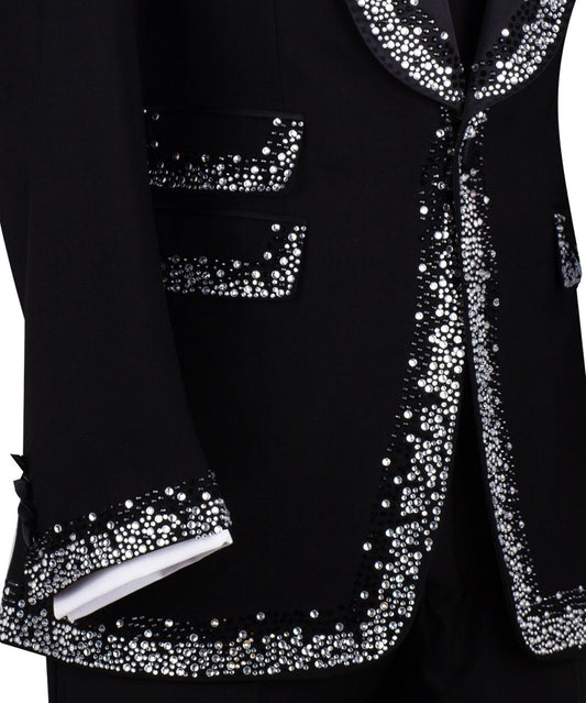 Charly Luxury Black Embellished Shawl Lapel Tuxedo, featuring shimmering silver crystals hand-embellished on lapels, shoulders, pockets, and cuffs. The tuxedo includes a black single-breasted jacket, matching vest, and trousers, displayed on a mannequin. This luxury evening wear is handcrafted in Istanbul, showcasing master tailoring and intricate crystal detailing for a glamorous, statement look.