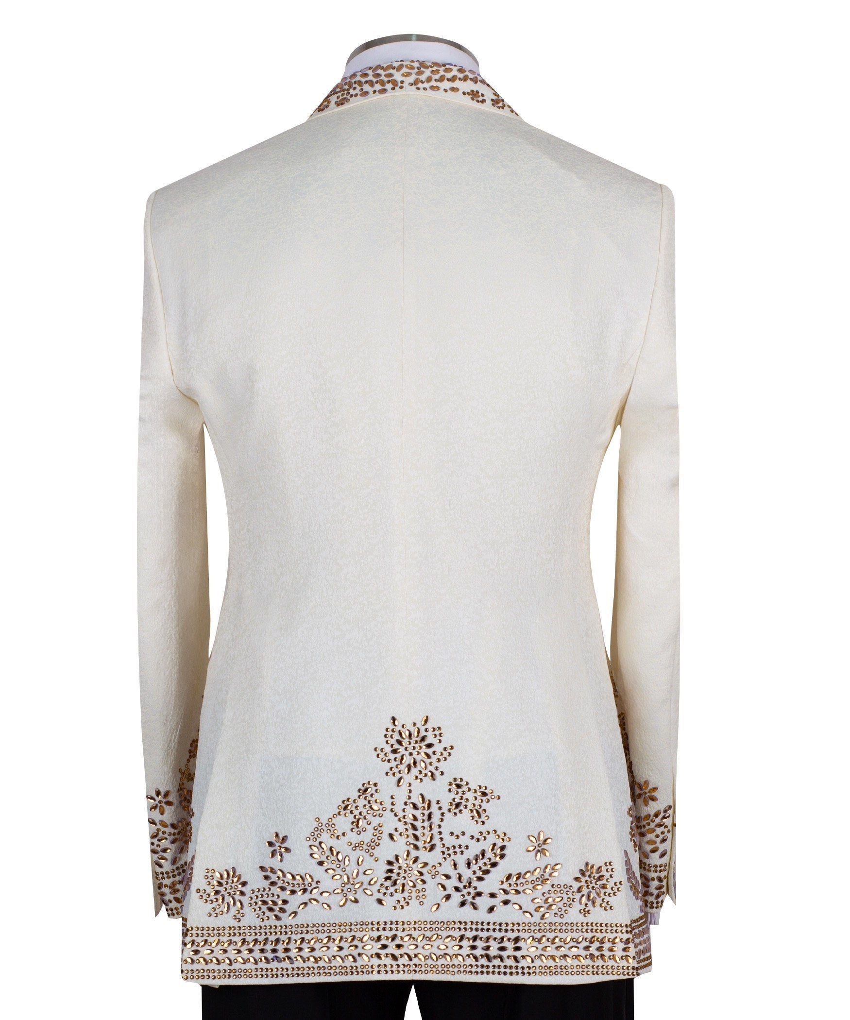 Cream and gold hand-embellished tuxedo jacket, vest, and black trousers from Charly Luxury, handcrafted in Istanbul. Features intricate floral metallic stud detailing on a slim-fit, peak lapel design.