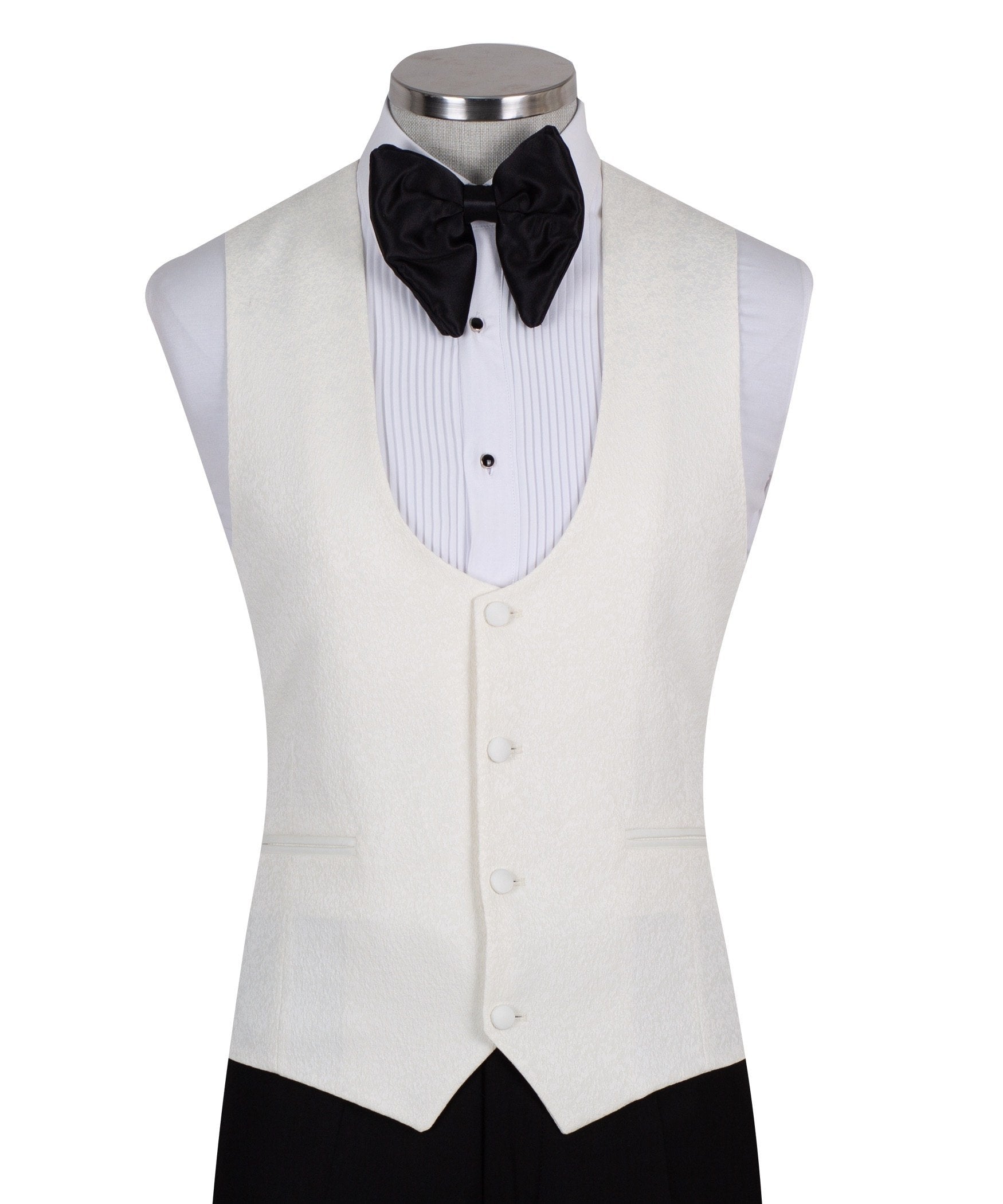 Front view of an ivory jacquard three-piece tuxedo with black trousers on a mannequin. Features a single-breasted jacket with a satin shawl lapel, matching U-neck vest, and subtle floral pattern. Ideal for weddings and formal events.