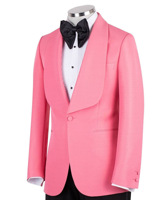 Pink textured single-breasted tuxedo jacket with a prominent shawl lapel on a mannequin, showcasing Istanbul craftsmanship and a unique fabric pattern for a luxurious look.