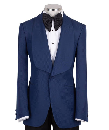 Charly Luxury Midnight Blue Textured Wool Blend Shawl Lapel Single Breasted Slim Fit Tuxedo, Handcrafted in Istanbul.