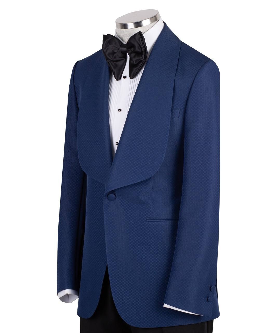 Charly Luxury Midnight Blue Textured Wool Blend Shawl Lapel Single Breasted Slim Fit Tuxedo, Handcrafted in Istanbul.