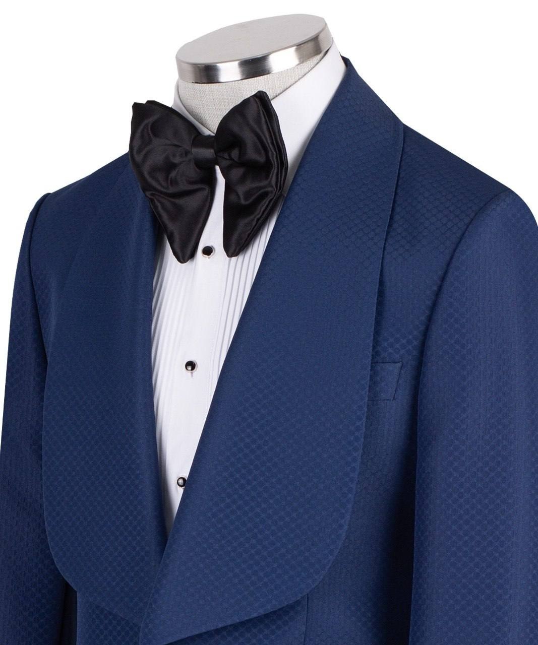 Charly Luxury Midnight Blue Textured Wool Blend Shawl Lapel Single Breasted Slim Fit Tuxedo, Handcrafted in Istanbul.