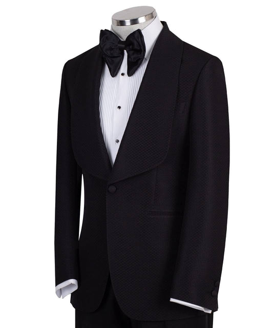 Black single-breasted tuxedo with subtle jacquard pattern and elegant shawl lapel, handcrafted in Istanbul by Charly Luxury, front view on mannequin.