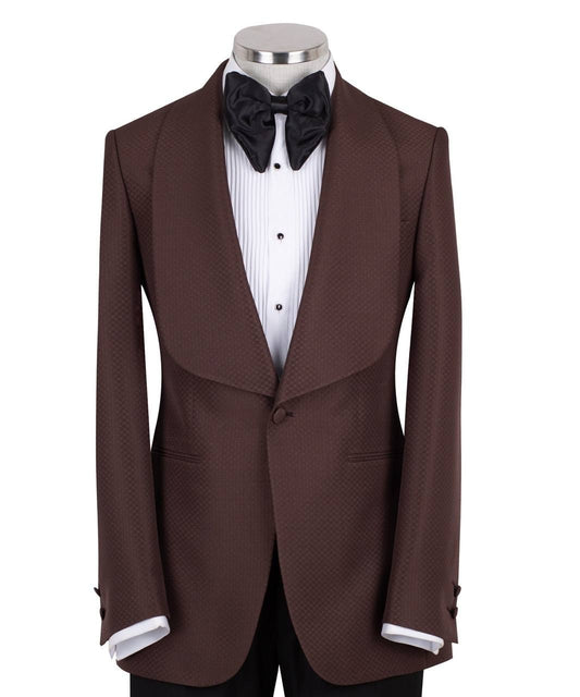 Charly Luxury brown textured wool blend shawl lapel tuxedo jacket on mannequin, single button, slim fit. Elegant Istanbul tailoring.
