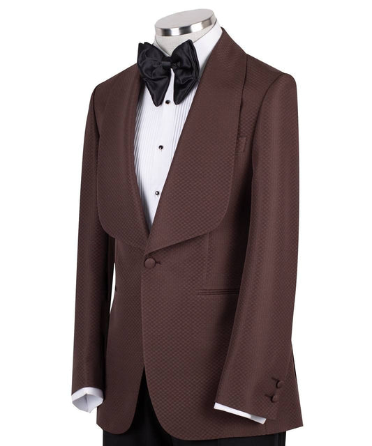 Charly Luxury brown textured wool blend shawl lapel tuxedo jacket on mannequin, single button, slim fit. Elegant Istanbul tailoring.