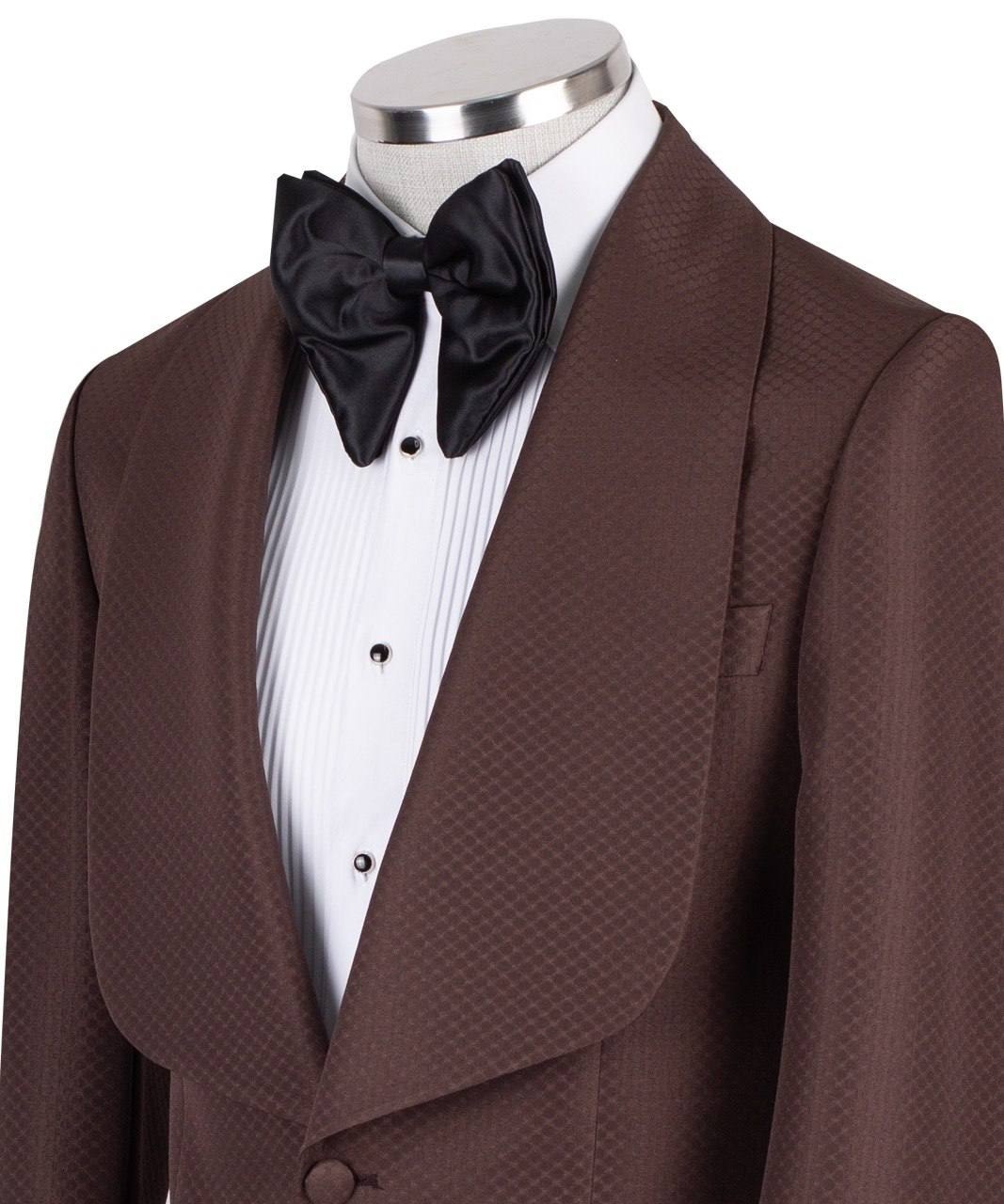 Charly Luxury brown textured wool blend shawl lapel tuxedo jacket on mannequin, single button, slim fit. Elegant Istanbul tailoring.