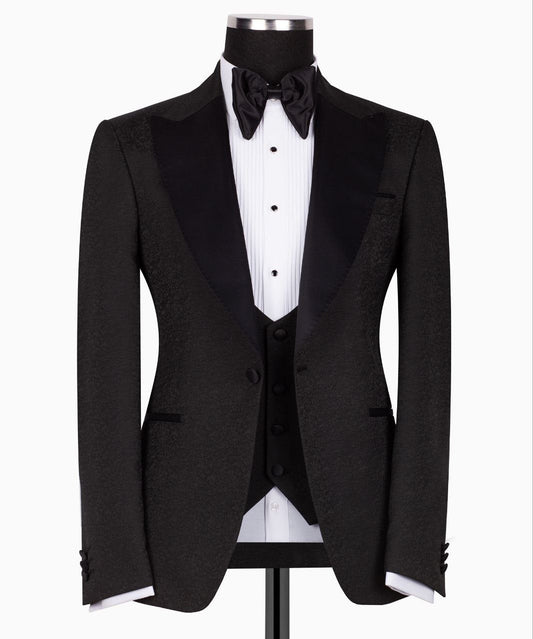 Black Peak Lapel Black Tuxedo - Triple Tuxedo | Black Tuxedo Style