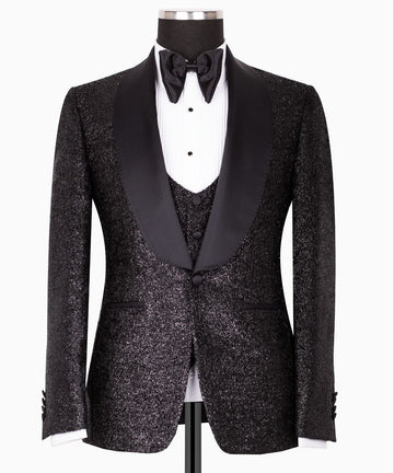 Black Shawl Lapel Black Shiny Tuxedo - Triple Tuxedo | Black Tuxedo Style