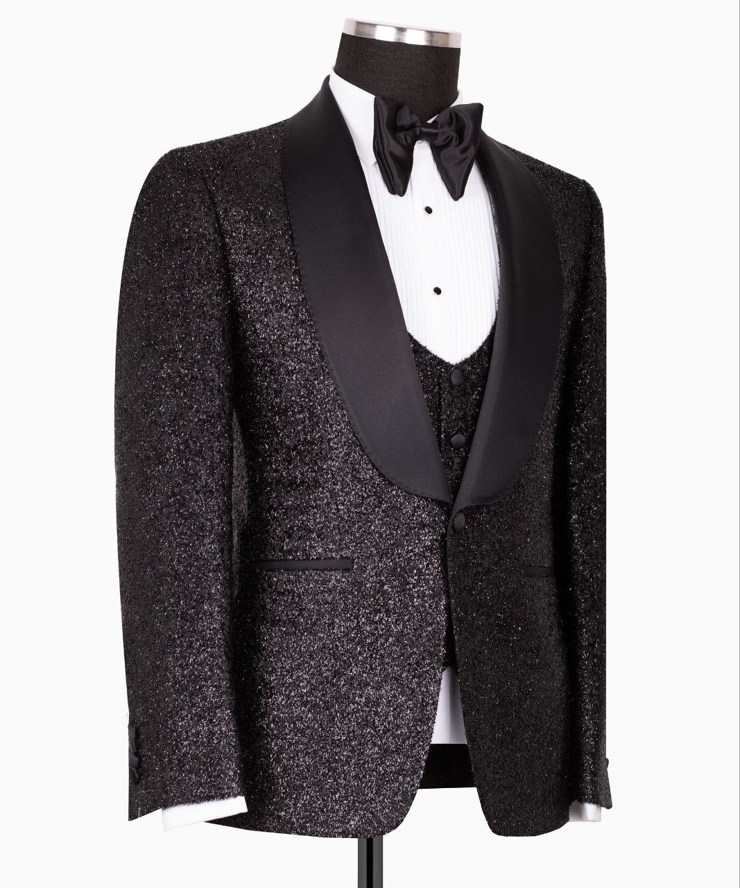 Black Shawl Lapel Black Shiny Tuxedo - Triple Tuxedo | Black Tuxedo Style