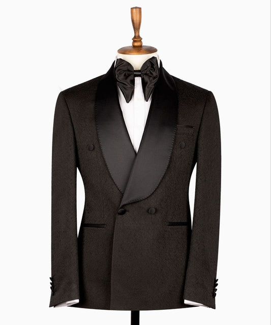 Black Textured Jacquard Double Breasted Tuxedo | Charly Luxury