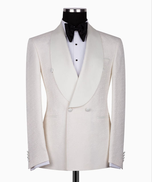 Cream Jacquard Double-Breasted Shawl Lapel Tuxedo | Charly Luxury