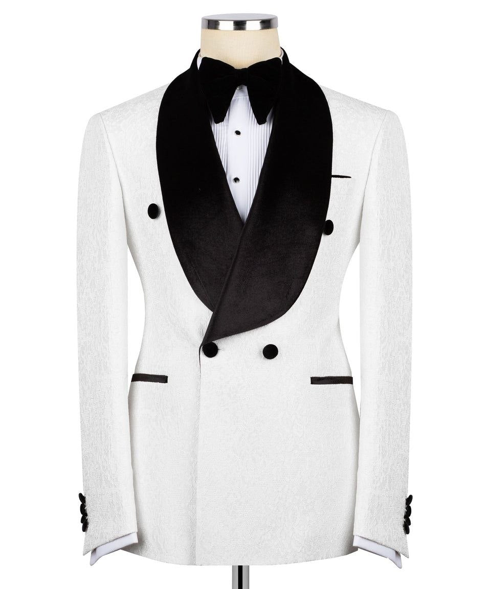 White Jacquard Double Breasted Tuxedo | Charly Luxury