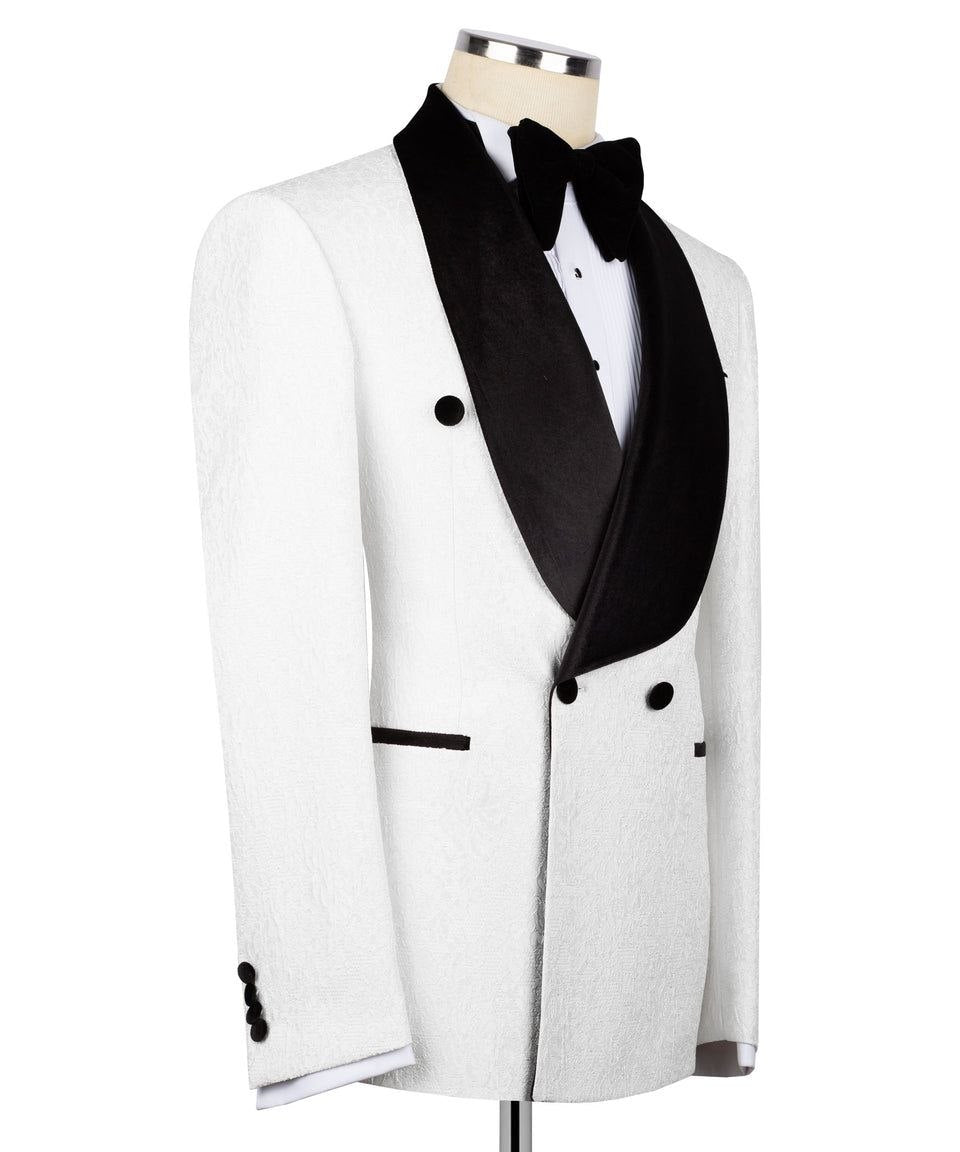 White Jacquard Double Breasted Tuxedo | Charly Luxury