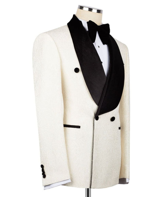 Cream Jacquard Double Breasted Tuxedo | Charly Luxury