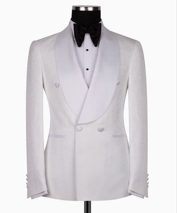 White Textured Wool Double-Breasted Peak Lapel Tuxedo | Charly Luxury