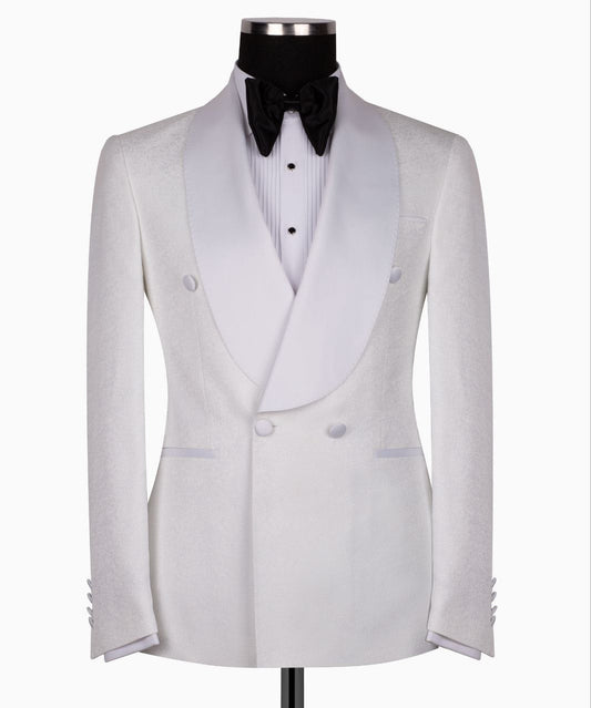 White Textured Wool Double-Breasted Peak Lapel Tuxedo | Charly Luxury