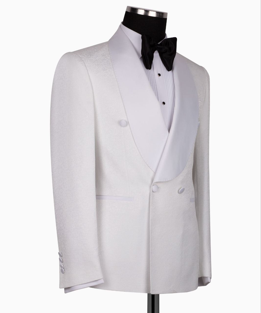 White Textured Wool Double-Breasted Peak Lapel Tuxedo | Charly Luxury