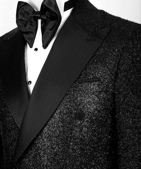 Black Embellished Wool Blend Double Breasted Tuxedo | Charly Luxury