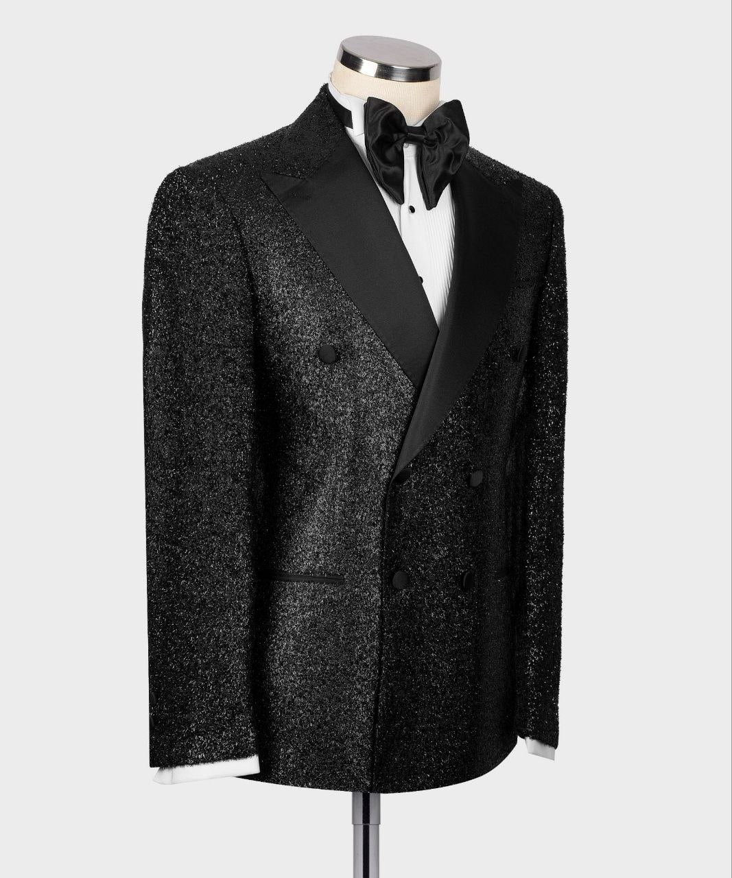 Black Embellished Wool Blend Double Breasted Tuxedo | Charly Luxury