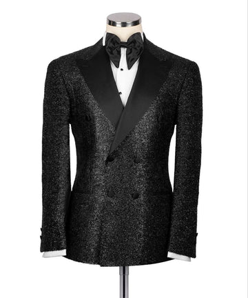 Black Embellished Wool Blend Double Breasted Tuxedo | Charly Luxury