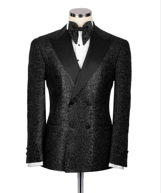 Black Embellished Wool Blend Double Breasted Tuxedo | Charly Luxury