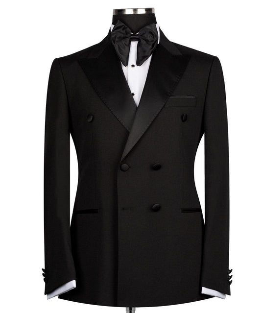 Black Wool Double Breasted Peak Lapel Tuxedo | Charly Luxury