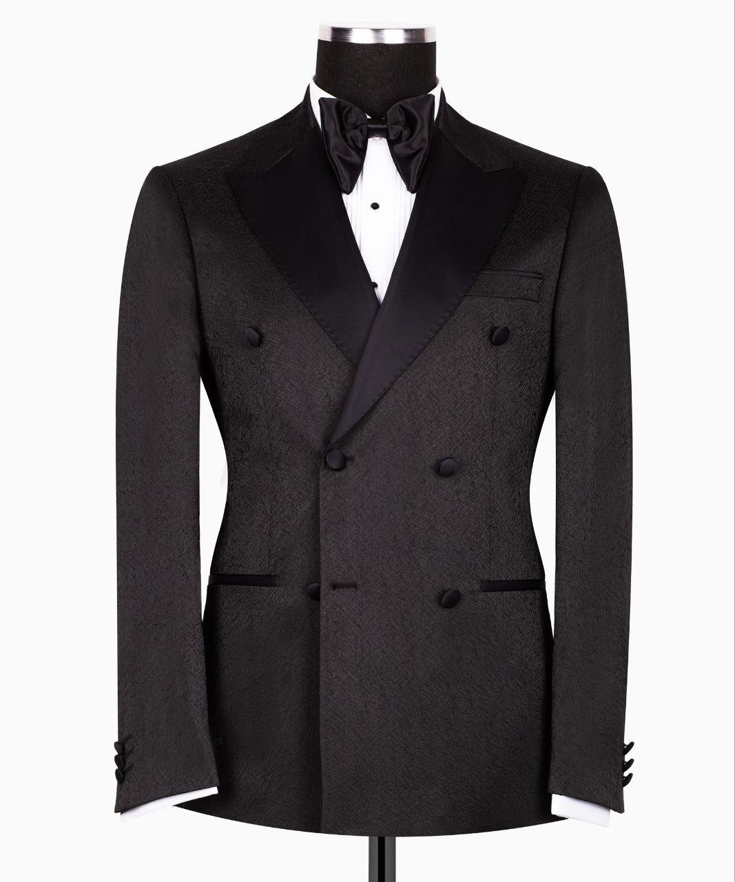 Black Textured Jacquard Double Breasted Tuxedo | Charly Luxury
